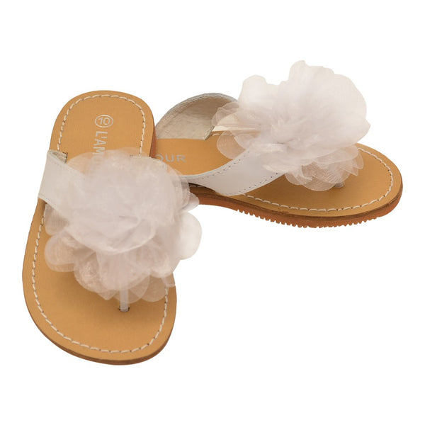 L'Amour Little Girls White Organza Flower Adorned Thong Sandals 7-10 Toddler - SophiasStyle.com
